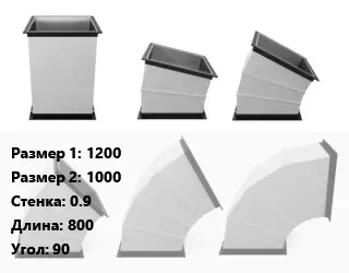Отвод воздуховода прямоугольный 1200х1000х0.9 L=800 Угол:90